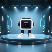 White desktop robot pet toy with headphones standing on a circular stage in a blue sci-fi room