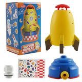Toy water rocket with packaging, stickers, and nozzle on a white background