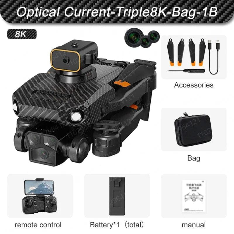 8K camera system with accessories, remote control, battery, and manual on a white background.