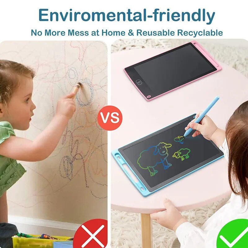 Comparison of children drawing with paper vs. using a reusable electronic drawing pad, emphasizing environmental friendliness.