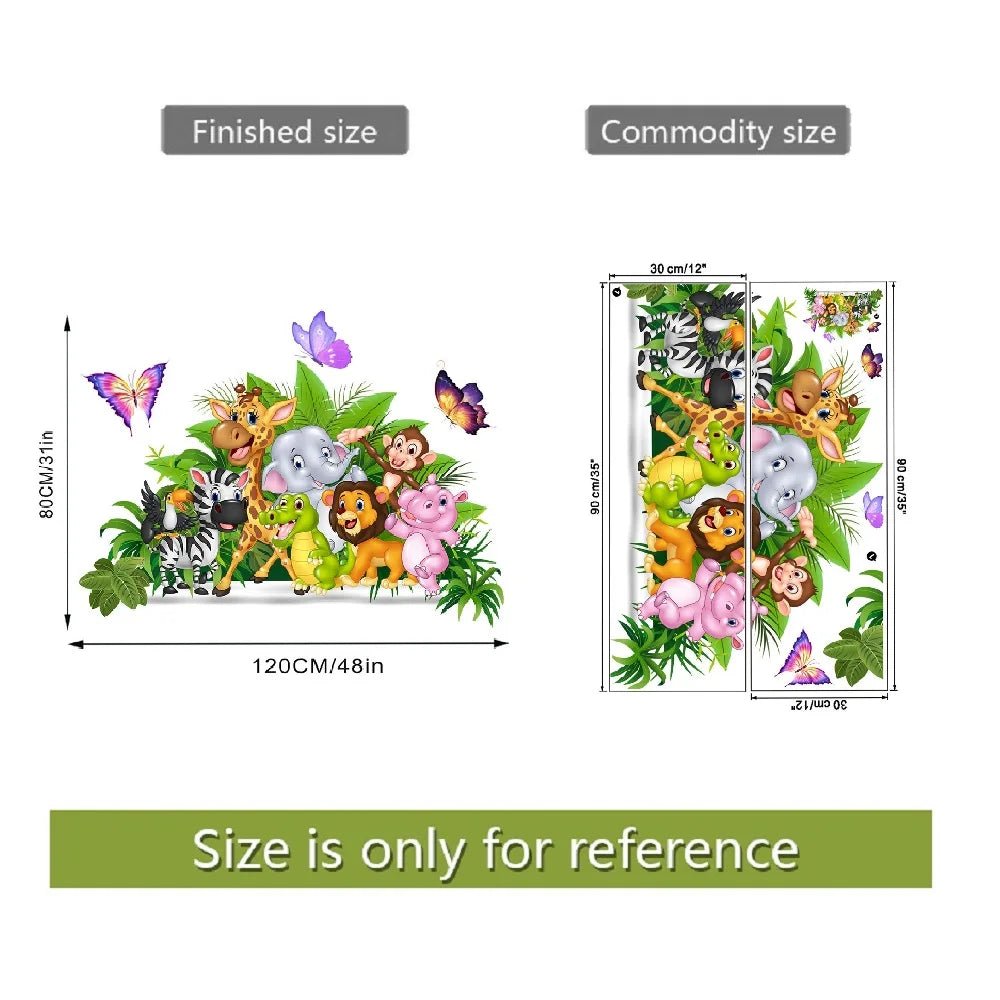Cartoon animals grass wall sticker for kids room shown with dimensions for wall placement.