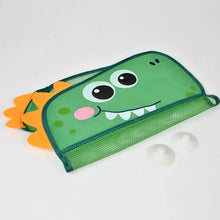 Dinosaur baby bath toiletry and toy organizer flat product view for tub-side storage.