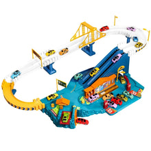 Dinosaur car track parking lot play set displayed with multiple toy vehicles for kids.