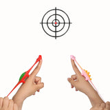 Two hands holding toy bows with arrows aimed at a target on a white background