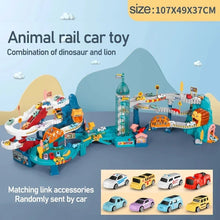 Dinosaur and lion animal rail car track accessory set included with the racing playset.