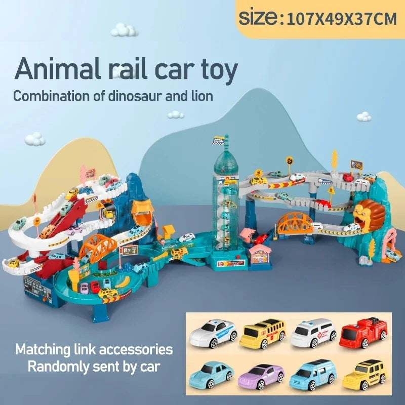 Dinosaur and lion animal rail car track accessory set included with the racing playset.