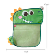 Green dinosaur mesh bag with mesh pocket detail and size measurements for bathtub storage.