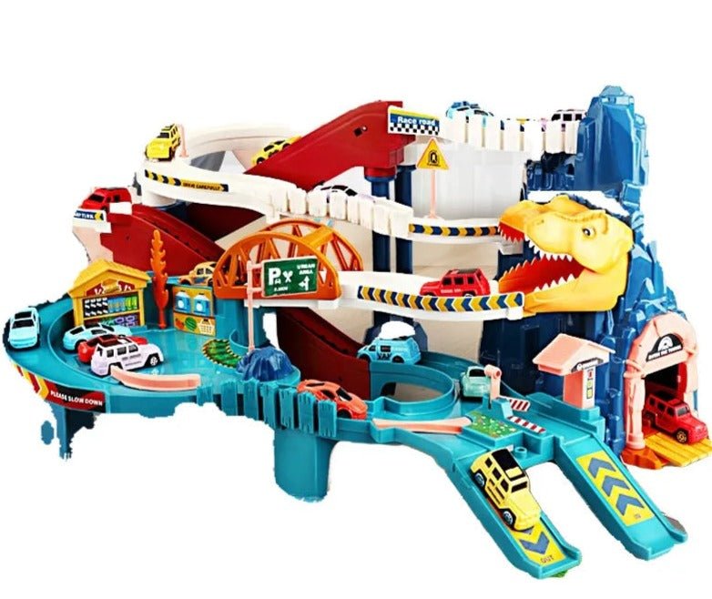 Toy race track set with shark-themed elements and cars 