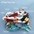 Toy car track set with various features labeled.