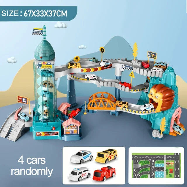 Dinosaur race track with parking zone set shown with cars and playset accessories.
