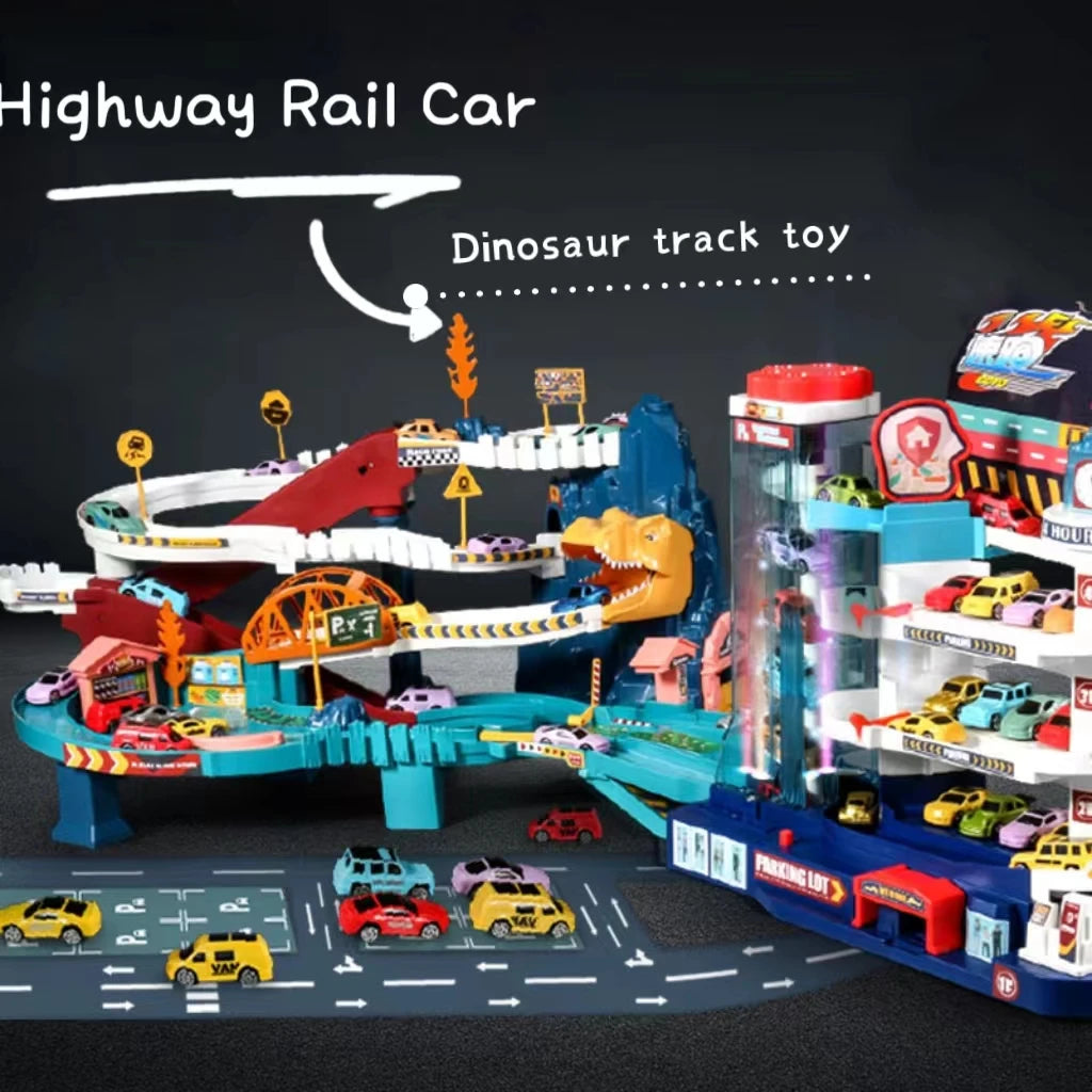 Dinosaur Parking Lot Racing Track Set full playset view with cars for imaginative kids play.