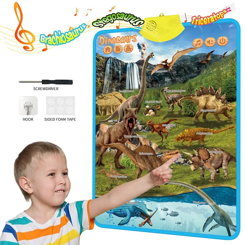 Child interacting with a dinosaur-themed educational chart with various dinosaurs on a white background.
