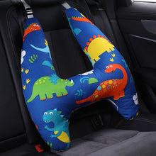 U-Shape Kids Travel Pillow in dinosaur print for cushioned neck support during car seat naps and school runs.