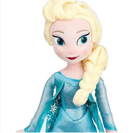 Plush toy of a character in a blue dress with snowflake details 