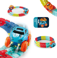 DIY LED Race Track building set with a toy car and track accessories for hands-on assembly play.