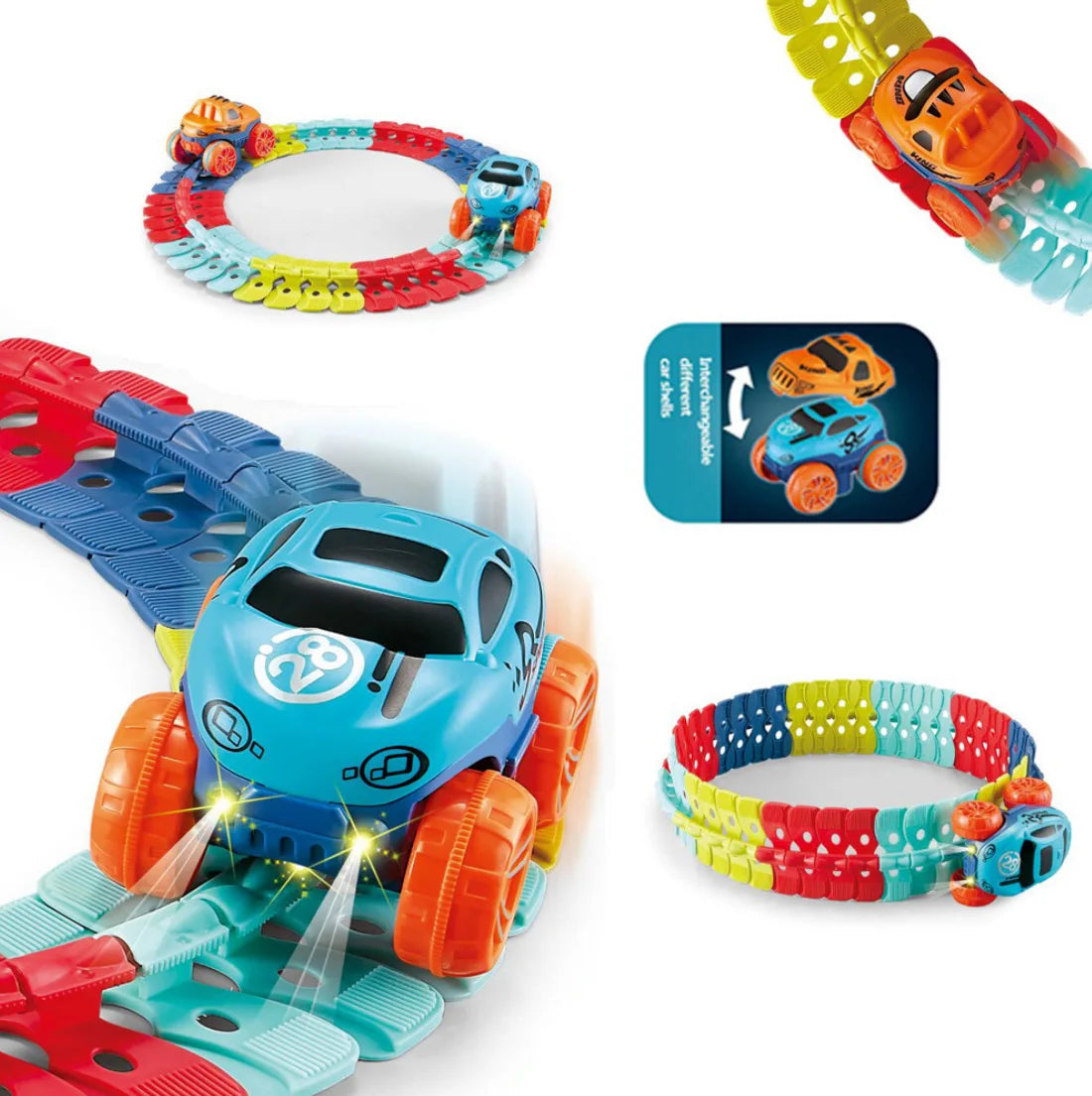 DIY LED Race Track building set with a toy car and track accessories for hands-on assembly play.