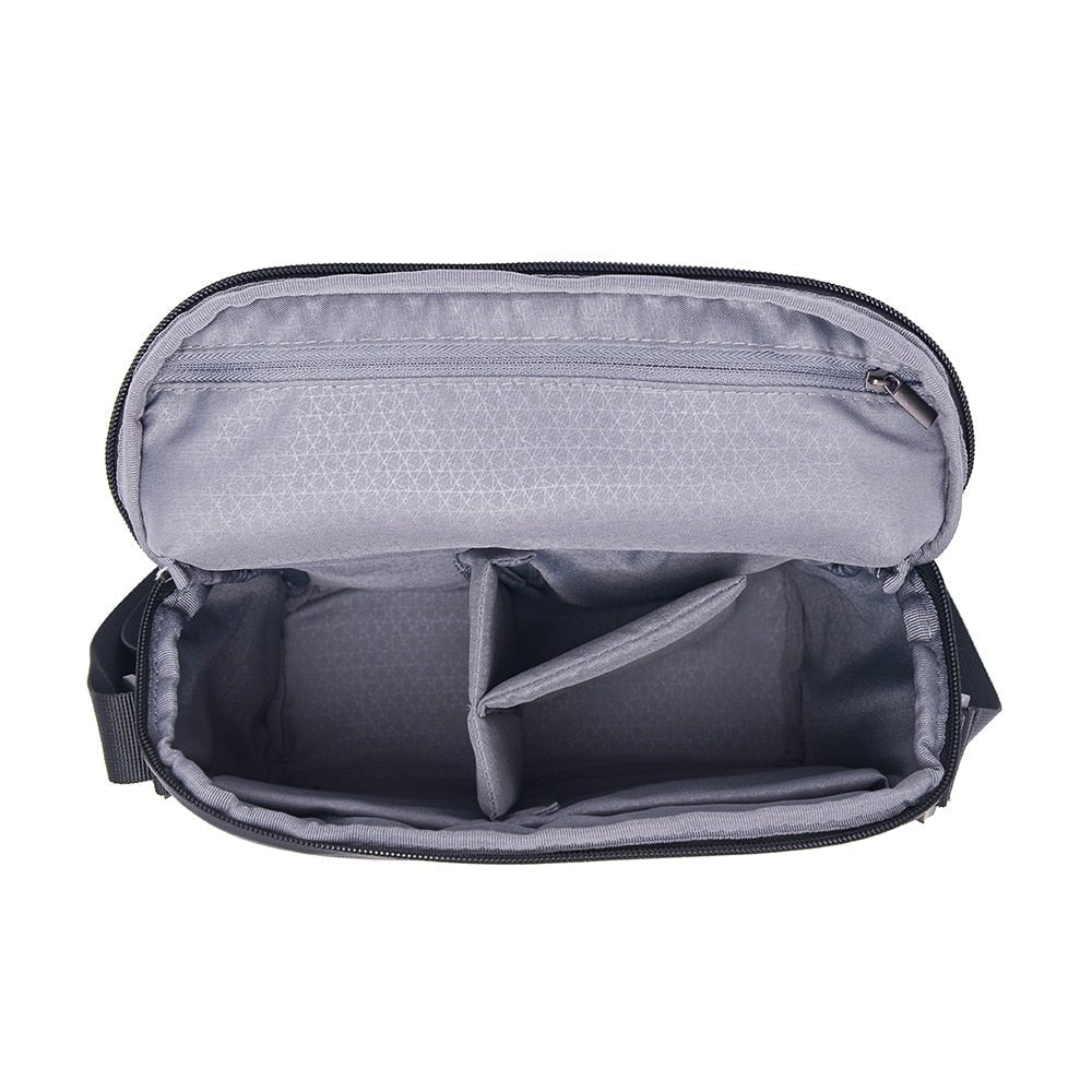 Gray bag with open compartments