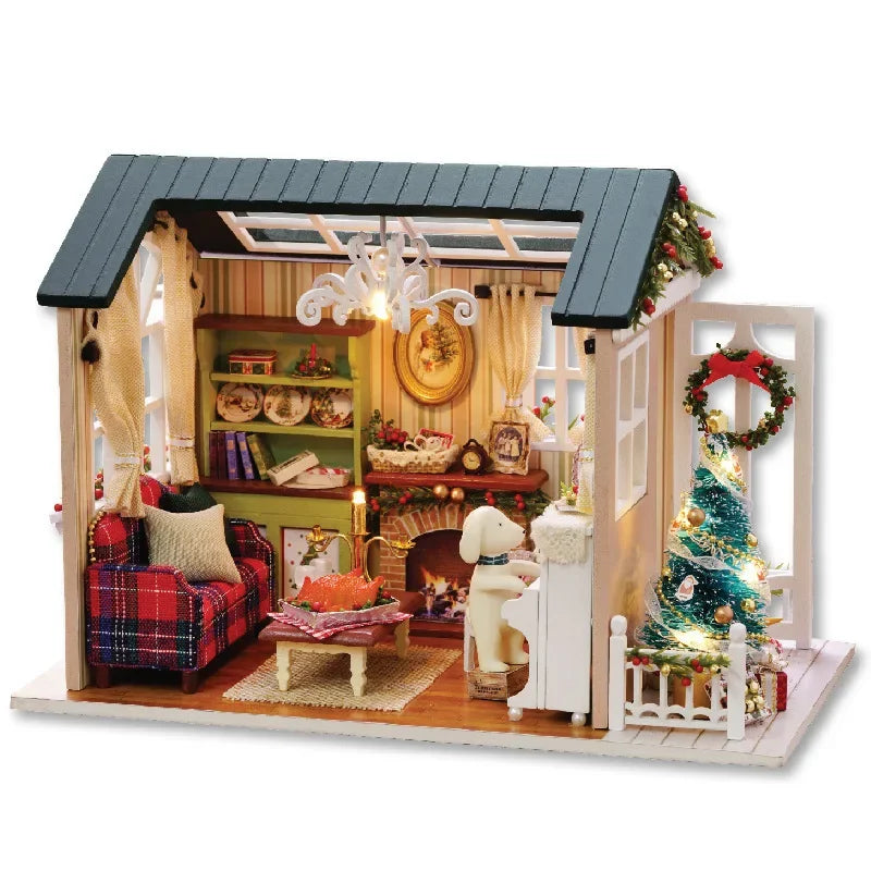 Wooden miniature dollhouse model decorated for Christmas, perfect for holiday gifting and seasonal display.