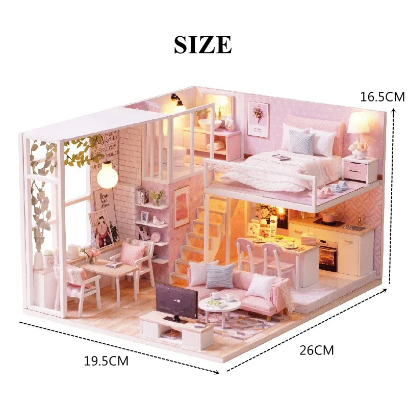 Wooden miniature dollhouse model kit with labeled furniture dimensions for accurate DIY assembly reference.