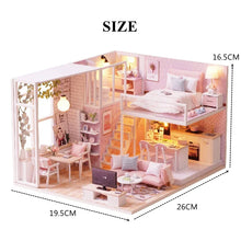 Wooden miniature dollhouse model kit with labeled furniture dimensions for accurate DIY assembly reference.