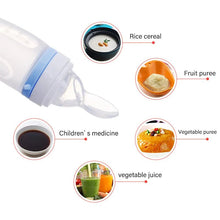 Dolphin silicone baby feeding bottle shown with food pairing chart for purees, cereal, and juice feeding.
