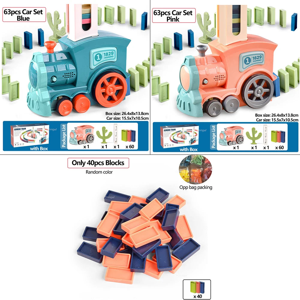 Domino Train electric toy shown in blue and pink color variants with building blocks for kids.