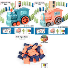 Domino Train electric toy shown in blue and pink color variants with building blocks for kids.
