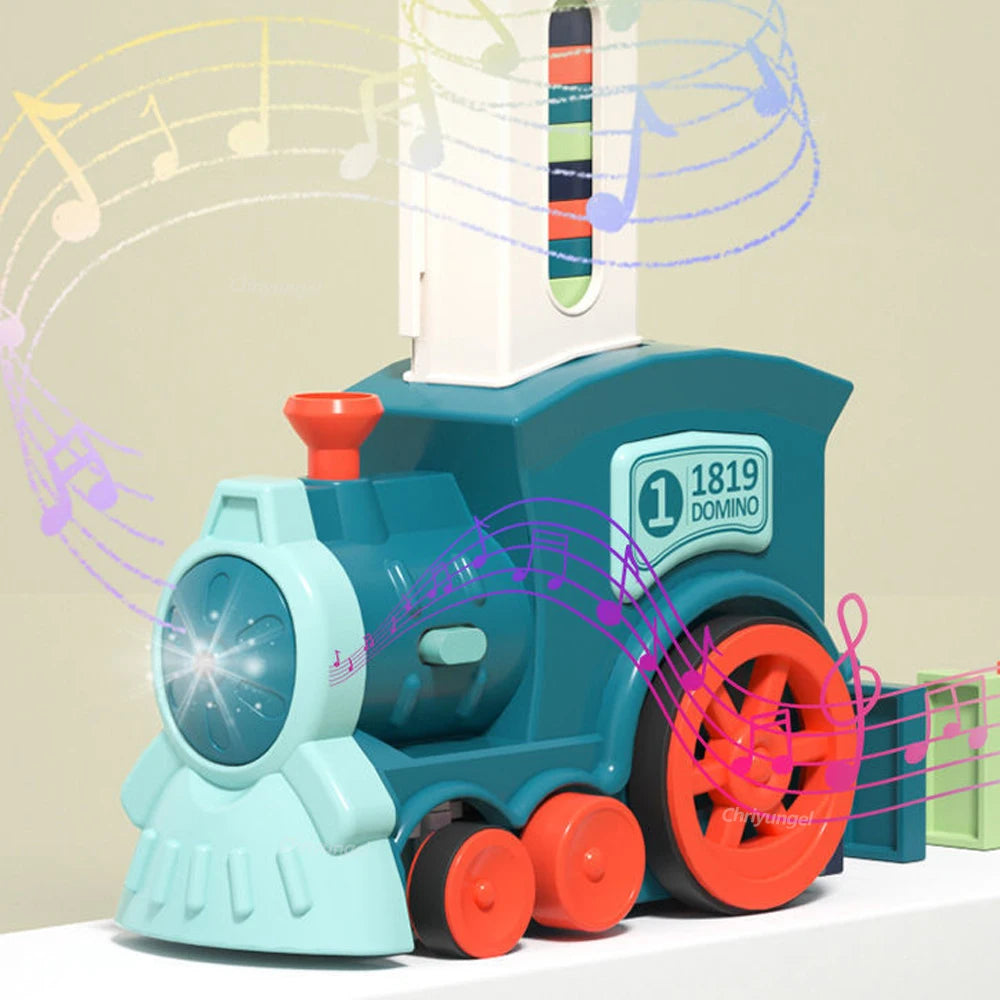 Domino Train toy with musical sound and light feature for engaging sensory play.