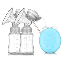 Double electric breast pump with two bottles and a blue storage bag for portable pumping.