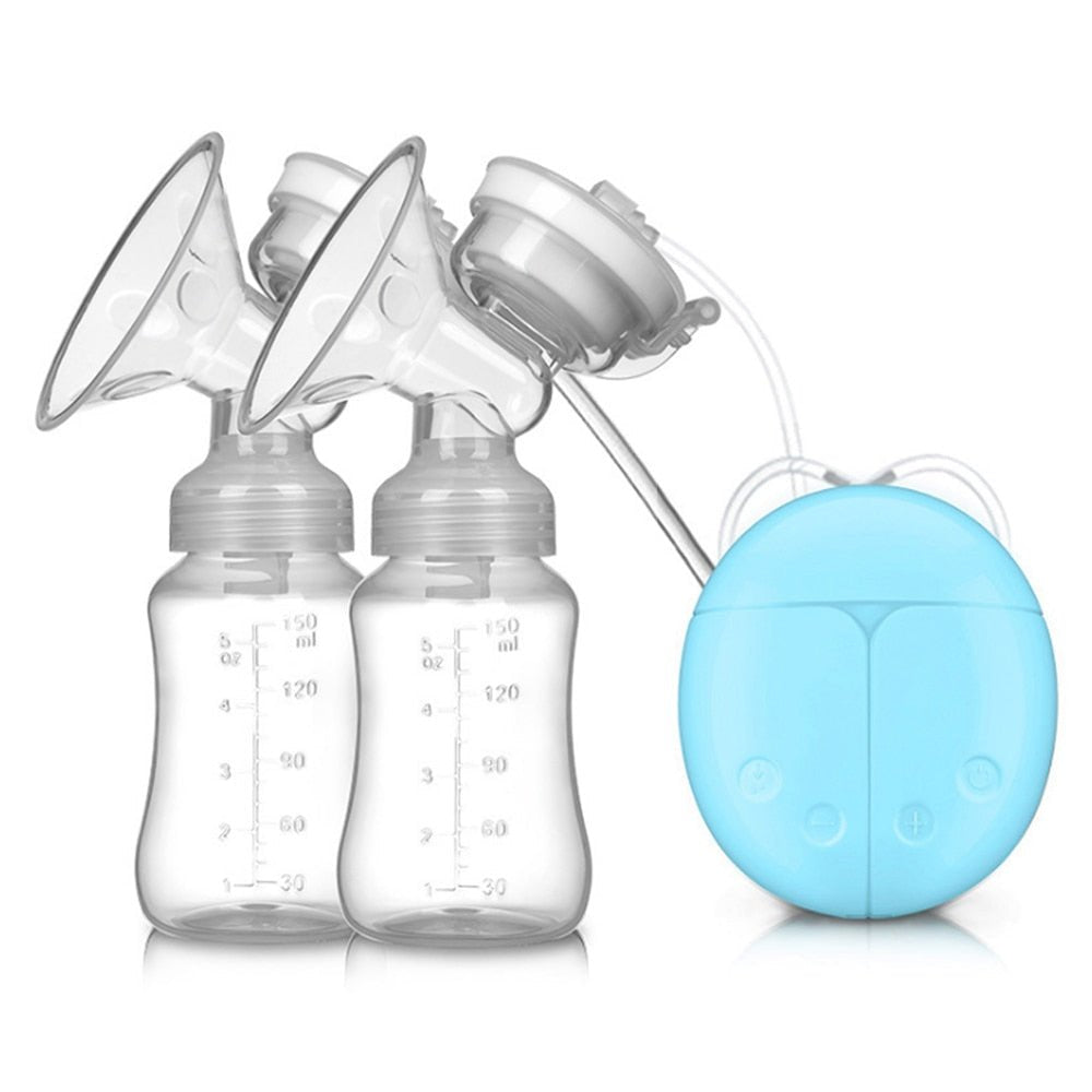 Double electric breast pump with two bottles and a blue storage bag for portable pumping.