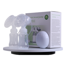 Double bilateral electric breast pump shown with retail packaging box for gifting and home use.