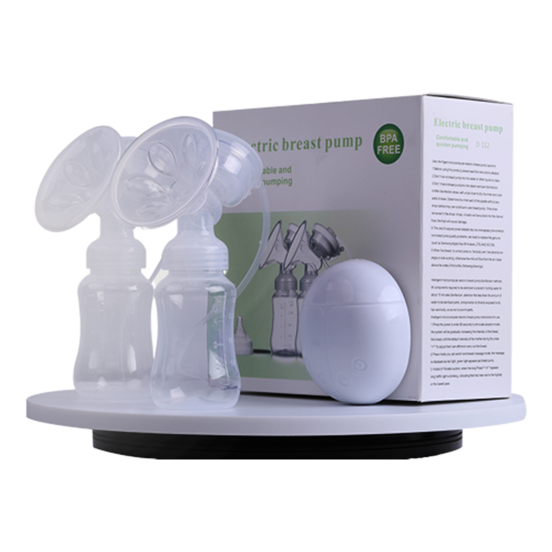 Double bilateral electric breast pump shown with retail packaging box for gifting and home use.