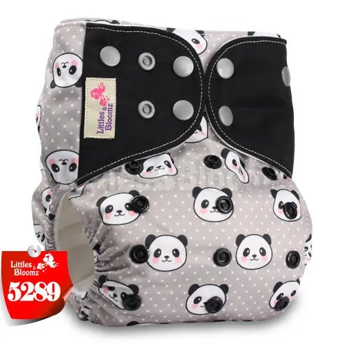 Patterned diaper with panda design.