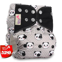 Patterned diaper with panda design.