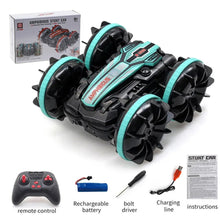 Amphibious RC Stunt Car double-sided design with accessories for flipping and spinning play.