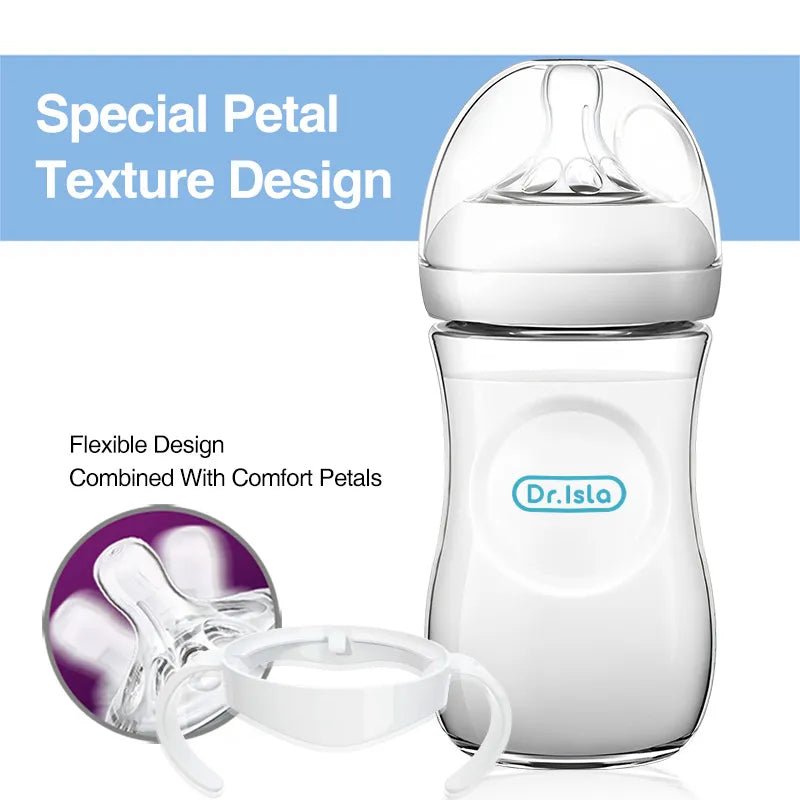 Dr Isla BPA-Free Baby Bottle comfort petal nipple detail for soothing daily feeding.