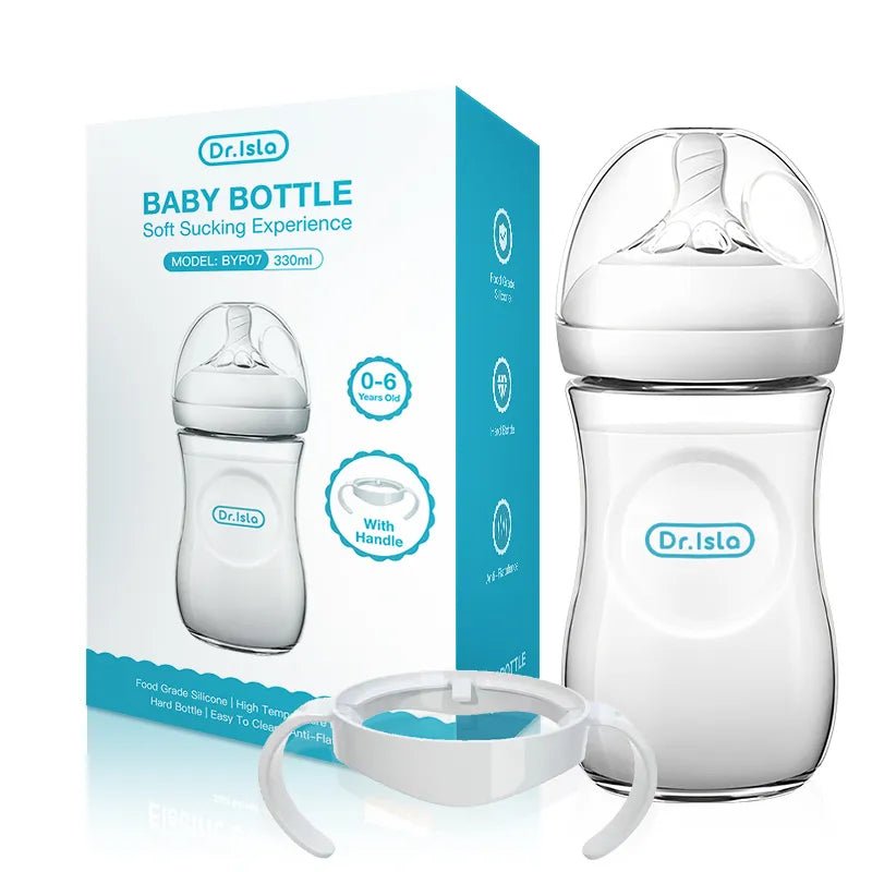 Dr Isla BPA-Free Baby Bottle drop-resistant packaging side view for nursery storage and daily feeds.