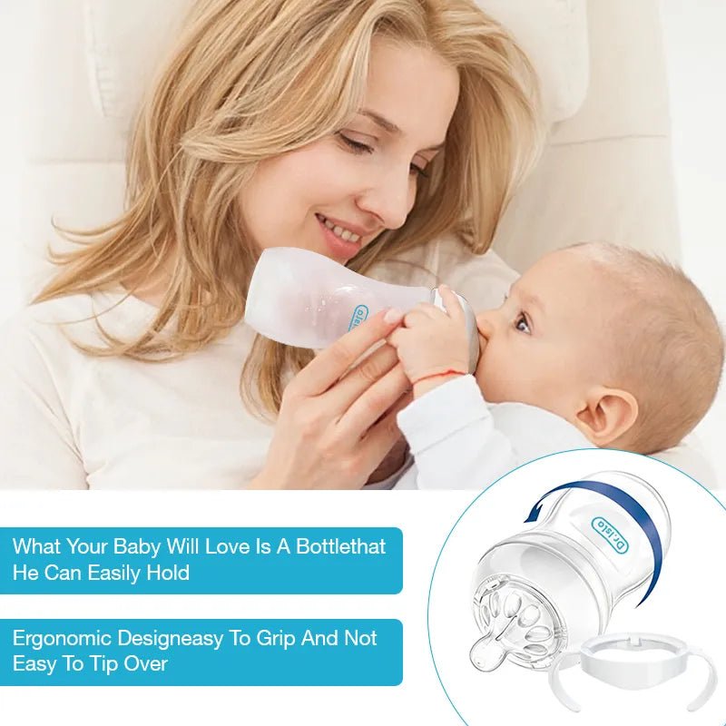 Mother feeding a newborn with the Dr Isla BPA-Free Baby Bottle drop-resistant design.