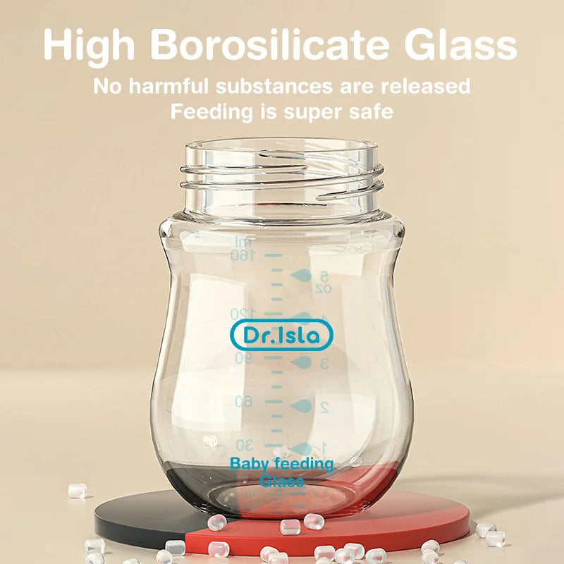 Clear glass baby feeding bottle from Dr Isla shown for daily bottle feeding and formula prep.