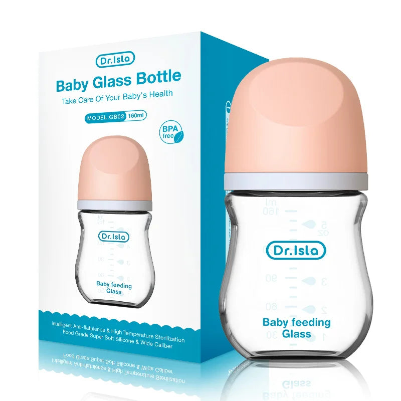Dr Isla wide-neck anti-colic glass baby bottle in retail packaging for newborn feeding and gift sets.