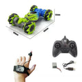 Gesture-controlled drift RC car with twist and climb feature shown with remote and charging cable.