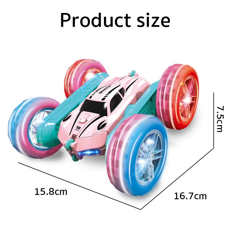 Toy car with colorful wheels and measurement details.