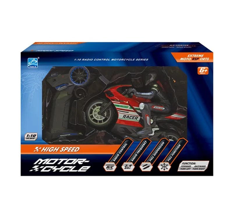 Ducati-style RC motorcycle in gift box packaging with remote, ready for birthday gifting and Christmas surprises.