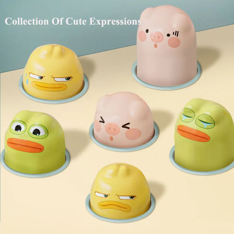 Duck, pig and frog characters with different cute expressions on a cream surface