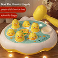 Yellow hammer beside a duck pounding toy board with text about parent-child interaction and scientific design