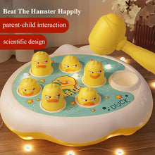 Yellow hammer beside a duck pounding toy board with text about parent-child interaction and scientific design