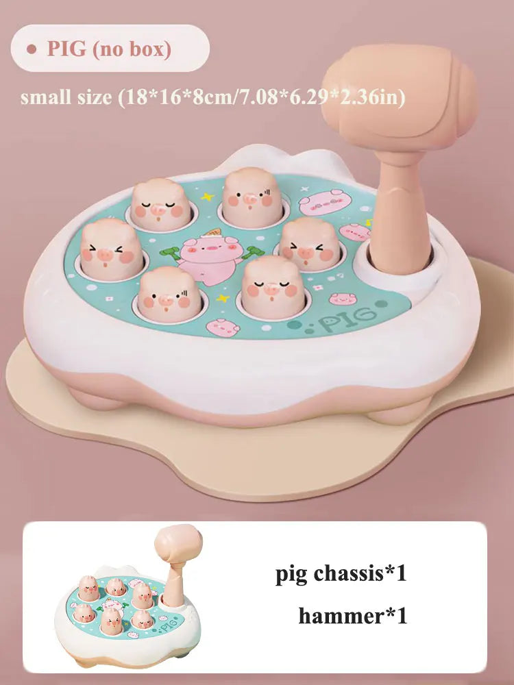 Pig pounding toy with pink hammer, no box, small size 18 by 16 by 8 cm