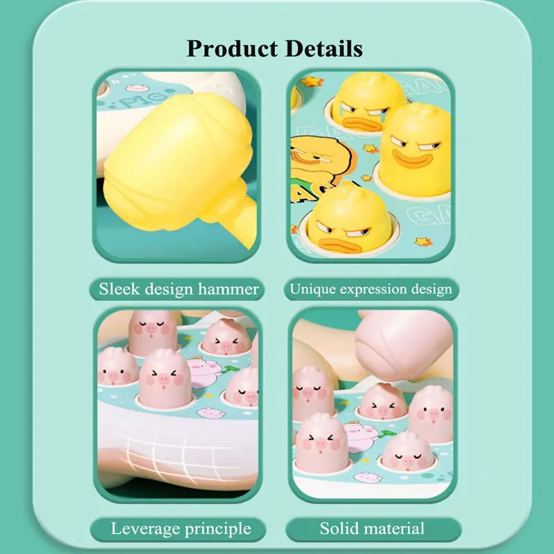 Four product detail panels showing the hammer, duck faces, pig faces and a tapping hand