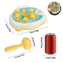Size diagram of the duck pounding toy at 18 by 16 cm with a 13.4 cm hammer beside a soda can