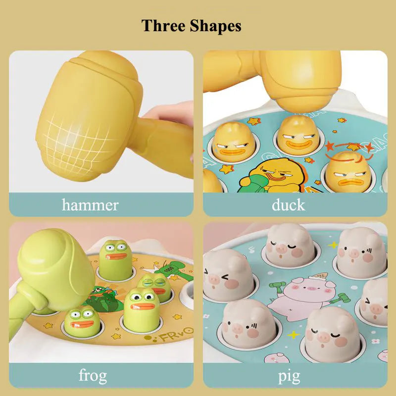 Four panels showing the hammer and the duck, frog and pig pounding toy boards